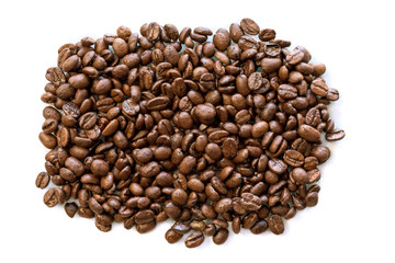 a lot of coffee beans and water droplets, isolated on white background