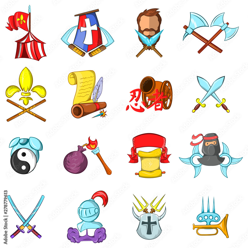 Poster medieval weapon icons set. cartoon set of 16 medieval weapon vector icons for web isolated on white 