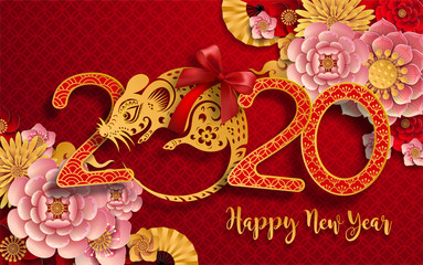 Fototapeta premium Happy chinese new year 2020 year of the rat ,paper cut rat character,flower and asian elements with craft style on background. (Chinese translation : Happy chinese new year 2020, year of rat)