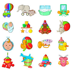Childish icons set. Cartoon set of 16 childish vector icons for web isolated on white background