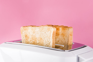 Toasted toast bread in white toaster on pink background. Close up