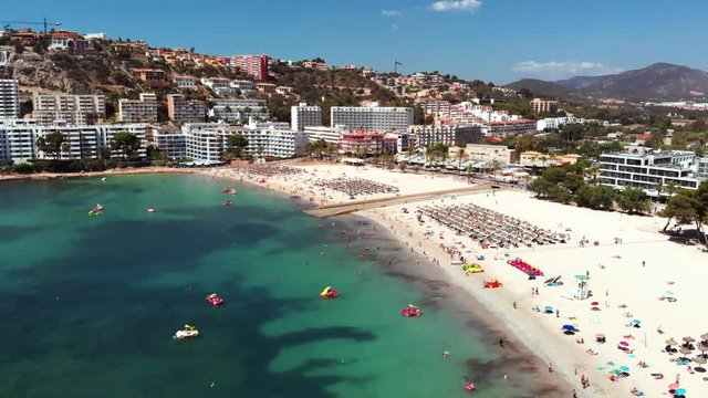 Aerial Drone, Huge And Crowded Beach Of Santa Ponsa, Mallorca 4K