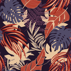 Trending abstract seamless pattern with colorful tropical leaves and plants on a dark background. Vector design. Jungle print. Floral background. Printing and textiles. Exotic tropics. Fresh design.