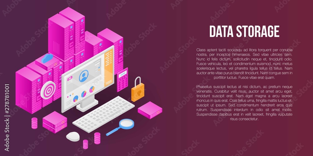 Poster data storage concept banner. isometric illustration of data storage vector concept banner for web de