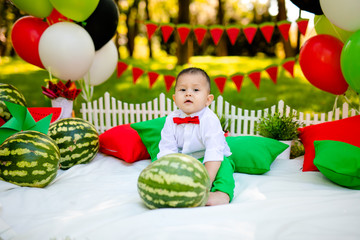 Fototapeta na wymiar Happy child with big red slice of watermelon sitting on green grass in summer park. Healthy eating concept