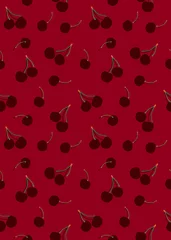 Photo sur Plexiglas Bordeaux Ombre de motif sans couture de fruits cerises sur fond rouge, motif de baies de fruits rouges. Illustration vectorielle.