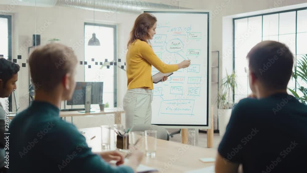 Poster Female Project Manager Holds Meeting Presentation for a Team of Developers. She Shows Interactive Whiteboard Touch Screen Device with Business Planning Concept. Young People Work in Creative Office
