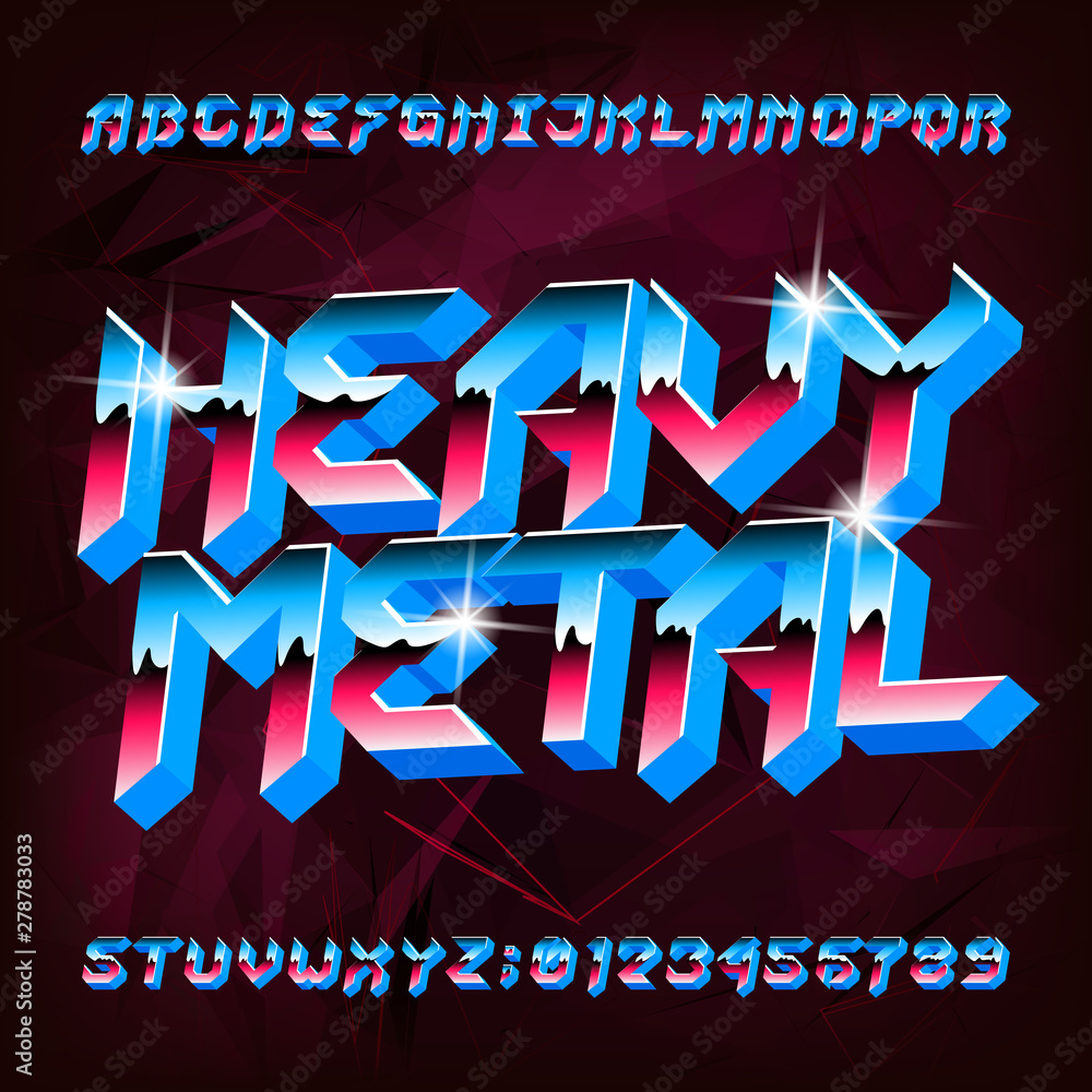 Fototapete 3d heavy metal alphabet font. metal effect shiny letters and numbers in 80s style. stock vector type