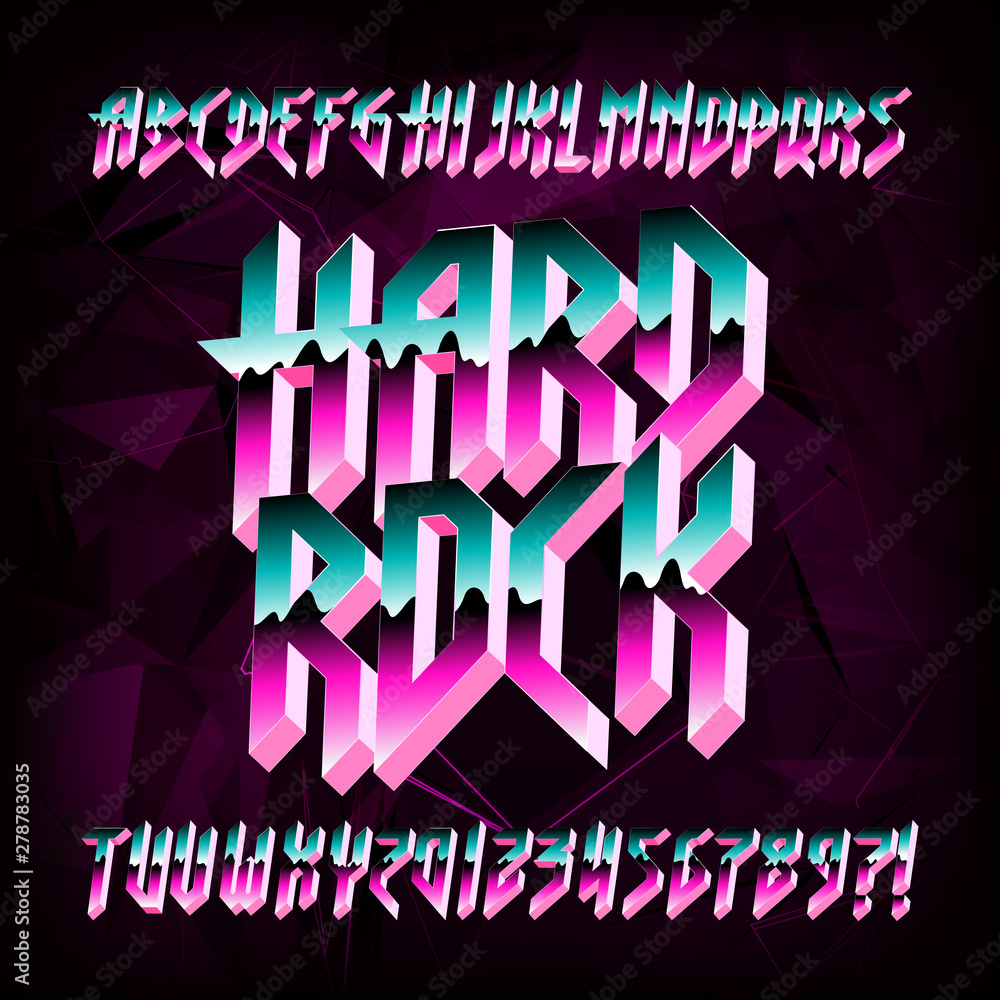 Fototapete 3d hard rock alphabet font. metal effect shiny letters and numbers in 80s style. stock vector typefa