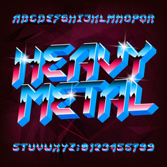 3D Heavy Metal alphabet font. Metal effect shiny letters and numbers in 80s style. Stock vector typeface for your design.