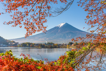 Mt. Fuji, Japan on Lake Kawaguchi with autumn foliage