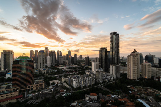 Sunset over Jakarta business district in Indonesia