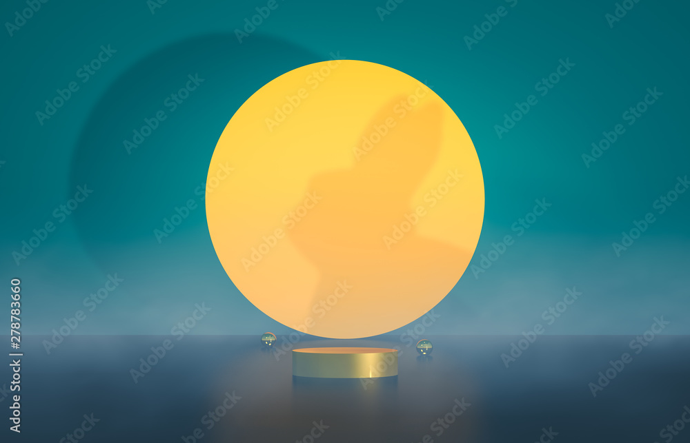 Poster abstract cylinder box backdrop with full moon background. 3d render. mid autumn background.