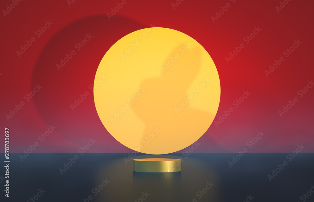 Poster abstract cylinder box backdrop with full moon background. 3d render. mid autumn background.