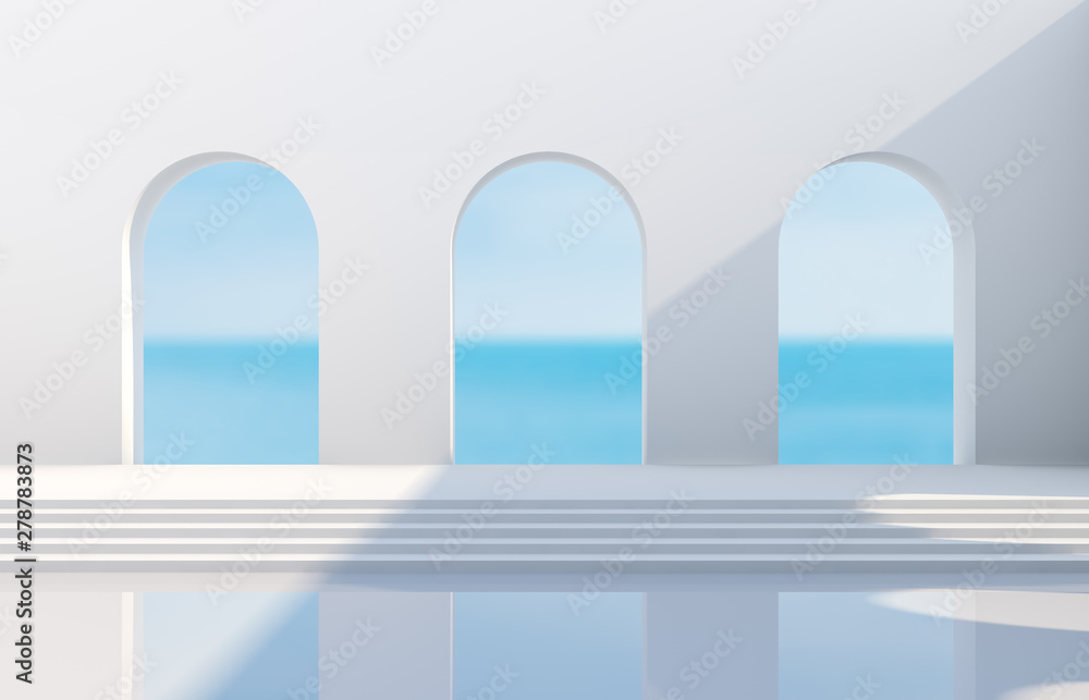Poster scene with geometrical forms, arch with a podium in natural day light. minimal landscape background.