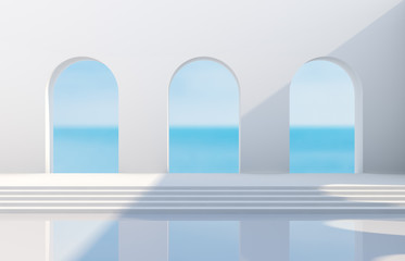 Scene with geometrical forms, arch with a podium in natural day light. minimal landscape background. sea view. 3D render background.