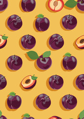 Fototapeta na wymiar Plum fruits and slice seamless pattern with shadow on yellow background, Fruit vector illustration background.