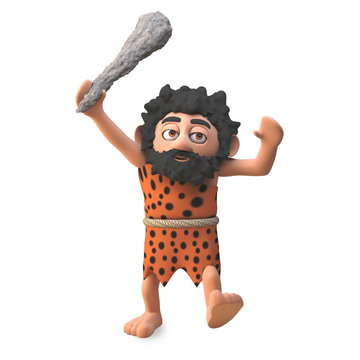 Saveage 3d cartoon caveman character chasing his prey with mighty club raised in the air, 3d illustration
