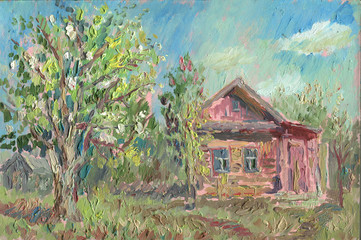 Fototapeta na wymiar old house and tree painting
