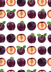 Plum fruits and slice seamless pattern align on white background, Fruit vector illustration background.