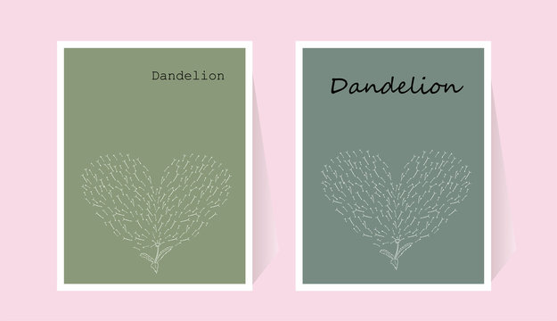 Handmade Dandelion in Doodle Style. Flying petals in the shape of a heart. Template card. A set of posters in green. Flowering plant. Sketch botanical. White contour herbal.