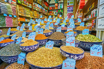 Assortment in spice stall, Vakil Bazaar, Shiraz, Iran