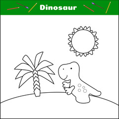 Coloring with dino. Print this page. Dinosaur, palm and sun. A simple worksheet for preschoolers. Tyrannosaurus cartoon character. Funny prehistoric animal. Educational card. vector illustration.