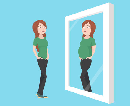 Anorexia nervosa concept: young slim woman looks in the mirror and sees herself fat