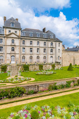 Fototapeta na wymiar Vannes, France, medieval city in Brittany, view of the ramparts garden with flowerbed 