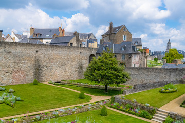 Fototapeta na wymiar Vannes, France, medieval city in Brittany, view of the ramparts garden with flowerbed 