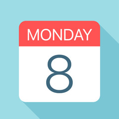 Monday 8 - Calendar Icon. Vector illustration of week day paper leaf. Calendar Template
