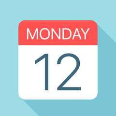 Monday 12 - Calendar Icon. Vector illustration of week day paper leaf. Calendar Template