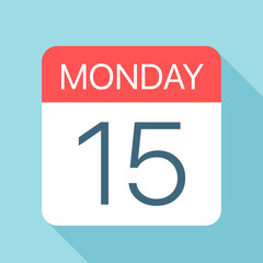 Monday 15 - Calendar Icon. Vector illustration of week day paper leaf. Calendar Template