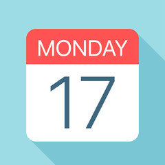 Monday 17 - Calendar Icon. Vector illustration of week day paper leaf. Calendar Template