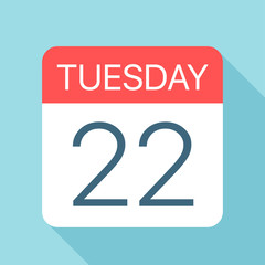 Tuesday 22 - Calendar Icon. Vector illustration of week day paper leaf. Calendar Template