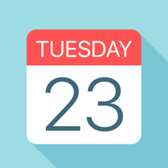 Tuesday 23 - Calendar Icon. Vector illustration of week day paper leaf. Calendar Template