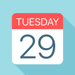 Tuesday 29 - Calendar Icon. Vector illustration of week day paper leaf. Calendar Template