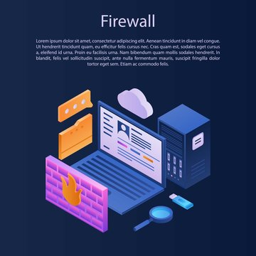 Firewall protection concept background. Isometric illustration of firewall protection vector concept background for web design