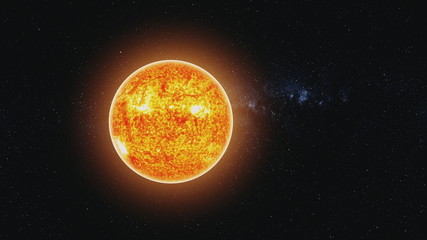 motion graph orange Sun circle with burning lava and halo shines in space rotating against white Milky Way. 3d animation. Science and technology concept. Elements of this media furnished by NASA