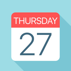Thursday 27 - Calendar Icon. Vector illustration of week day paper leaf. Calendar Template