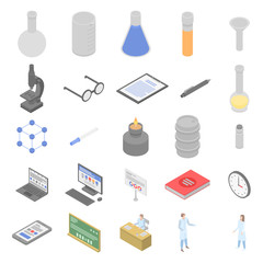 Chemical laboratory experiment icons set. Isometric set of chemical laboratory experiment vector icons for web design isolated on white background