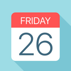 Friday 26 - Calendar Icon. Vector illustration of week day paper leaf. Calendar Template