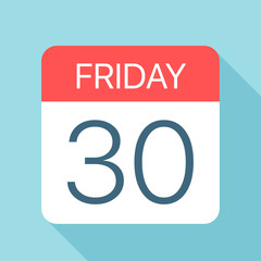 Friday 30 - Calendar Icon. Vector illustration of week day paper leaf. Calendar Template