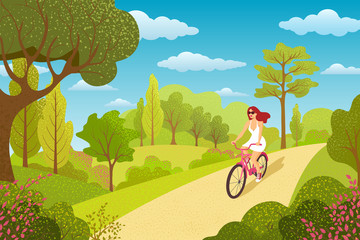 Woman cycling, fitness sport exercises. Person riding bicycle in forest park, enjoy healthy lifestyle. Girl ride by bicycle in park. Summer landscape with trees and leaves.