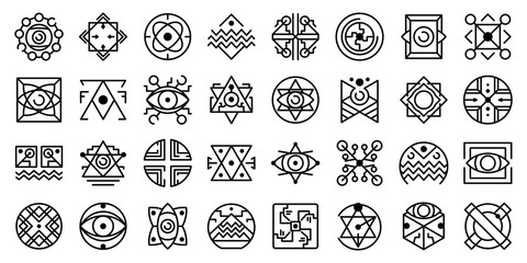 Alchemy icons set. Outline set of alchemy vector icons for web design isolated on white background - obrazy, fototapety, plakaty