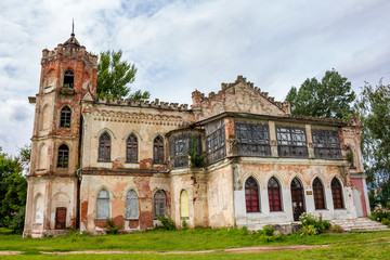 Fototapeta na wymiar Neo-Gothic library 19th century in the estate Avchurino (Poltoratskiy) near Kaluga, eastern facade. Ferzikovsky District, Kaluzhskiy region, Russia - July 2019