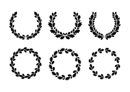 Oak wreaths.  Silhouette circular oak wreath. Vector illustration template.