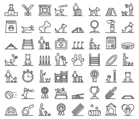 Dog training icons set. Outline set of dog training vector icons for web design isolated on white background
