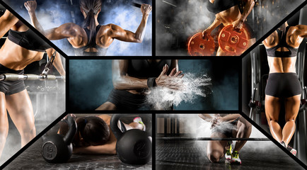 Sport collage. Muscular young female athlete. Woman exercising at the gym - obrazy, fototapety, plakaty
