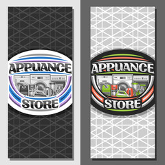 Vector layouts for Appliance Store, brochure with illustration of variety new metal home appliances, decorative font for words appliance store, sign board with kitchen and household tech accessories.